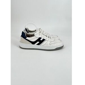 Hogan H630 Mens White Leather Navy Blue Low Top Sneakers Made in Italy